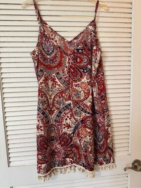 SHEIN Red, Cream and Navy Paisley Mini Slip Dress with Fringe Hem
